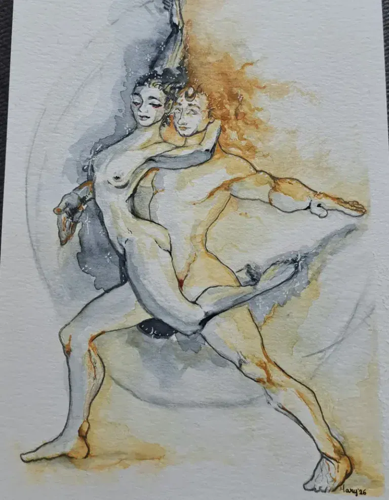 Pareja de bailarines desnudos entrelazados en pleno giro, ella en grises fríos y él en ocres y naranjas.