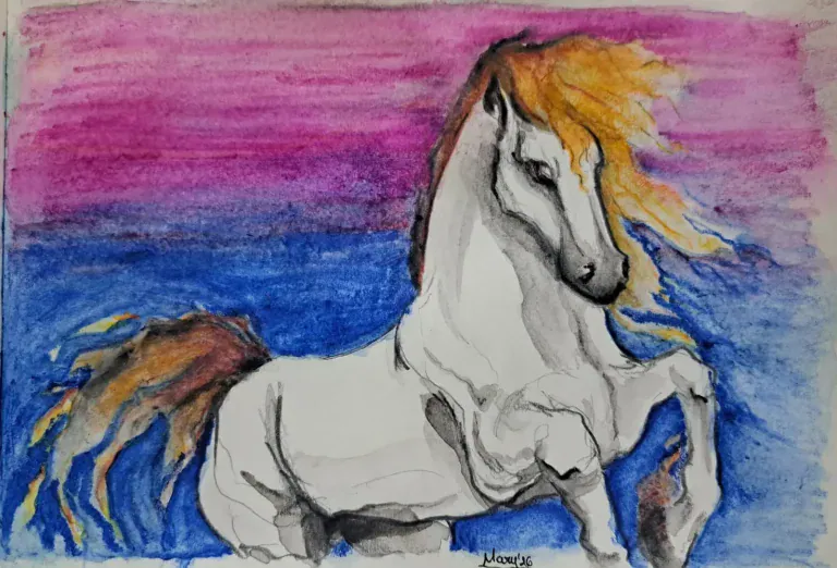 Caballo blanco de crin naranja que gira la cabeza sobre un fondo de franjas magenta y azul intenso.