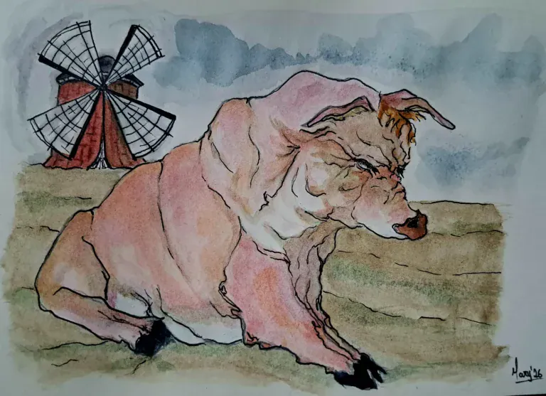 Cerdo rosado tumbado en un campo verde oliva, con un molino de aspas negras al fondo y cielo de nubes grises.