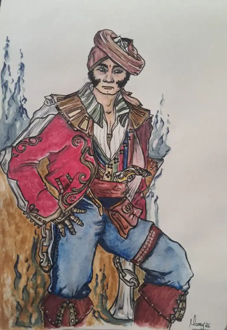 Corsario de patillas y turbante rosa, casaca roja con volutas doradas y pantalón azul, apoyado en una roca ocre.