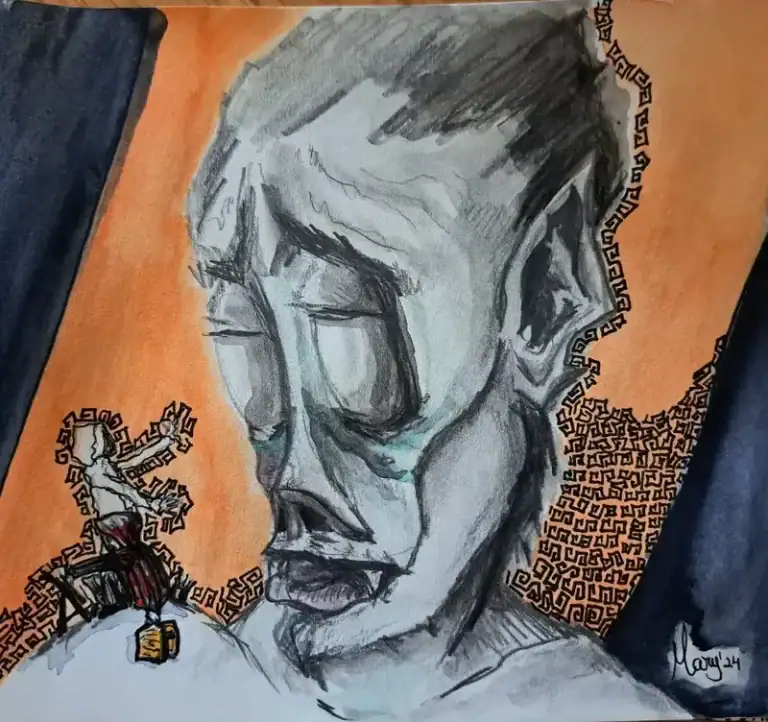 Rostro gris enorme con los ojos cerrados y lágrimas turquesa sobre fondo naranja; a la izquierda, una figura diminuta le ilumina con una linterna.