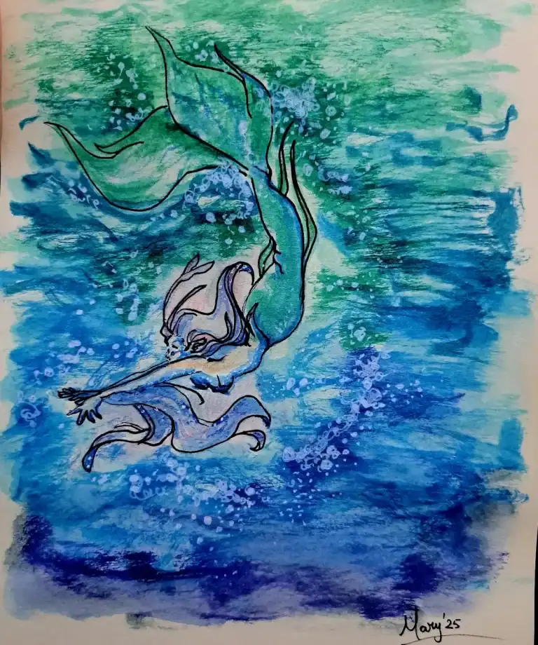 Sirena de cola verde que bucea hacia abajo entre burbujas, en un agua que pasa del verde al azul marino.
